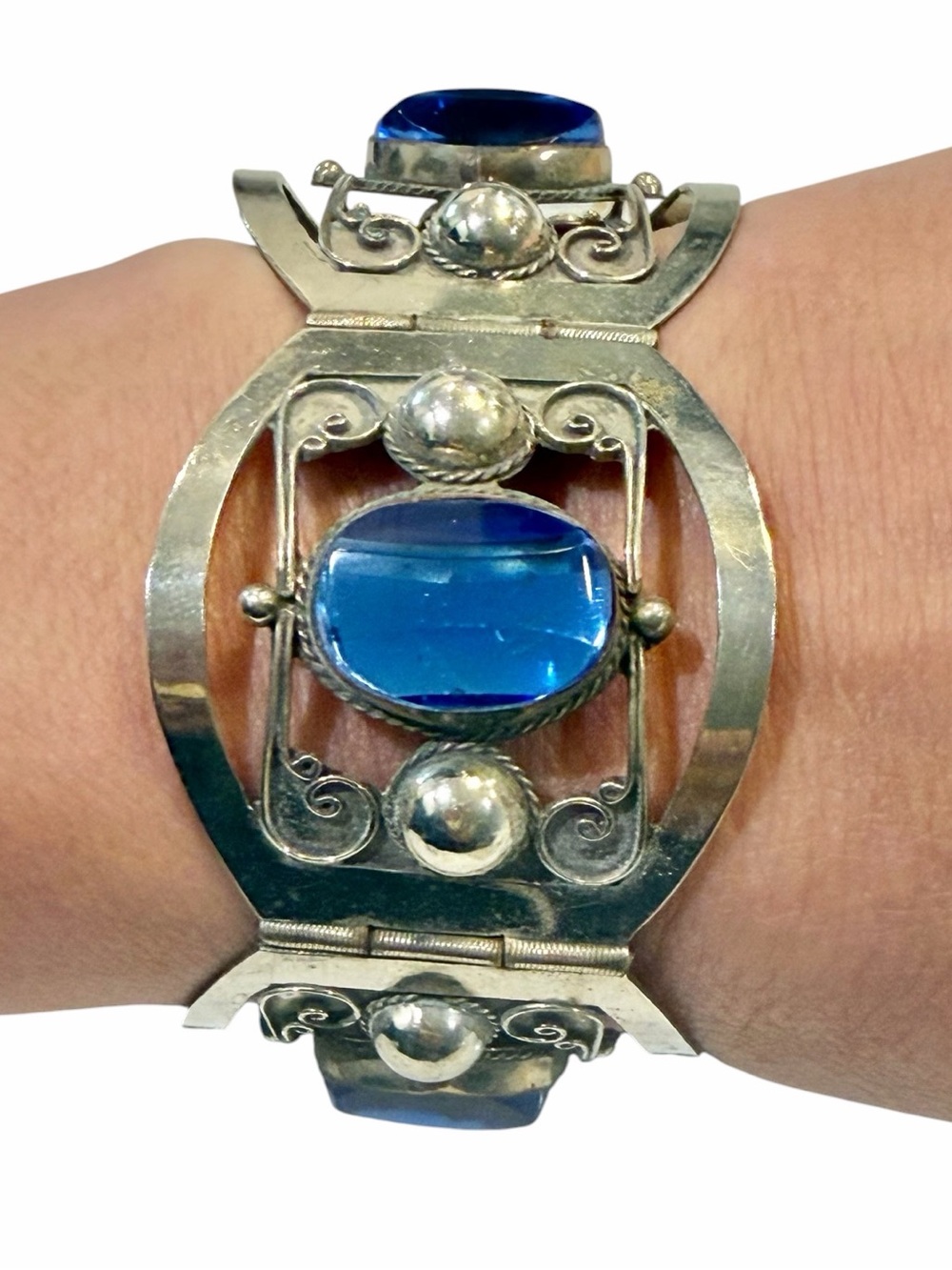 Vintage Taxco Mexico 925 Sterling Silver Blue Glass Panel Bracelet 1950s 42g